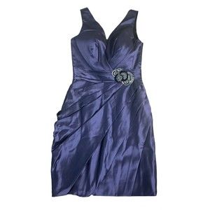 Purple Satin Cocktail Dress Semi Formal Rhinestone Waist Gathered Skirt V Neck